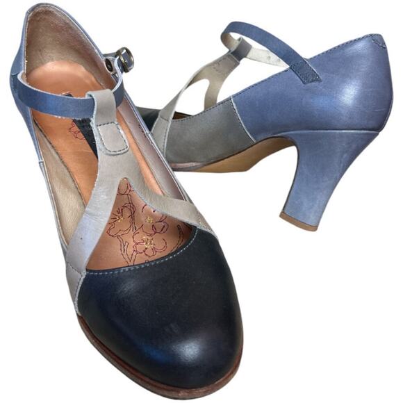 Neonsens Black Gray Leather T-Strap Heel Pumps Shoes Women's Size 37 US 6.5/7 - Picture 1 of 8